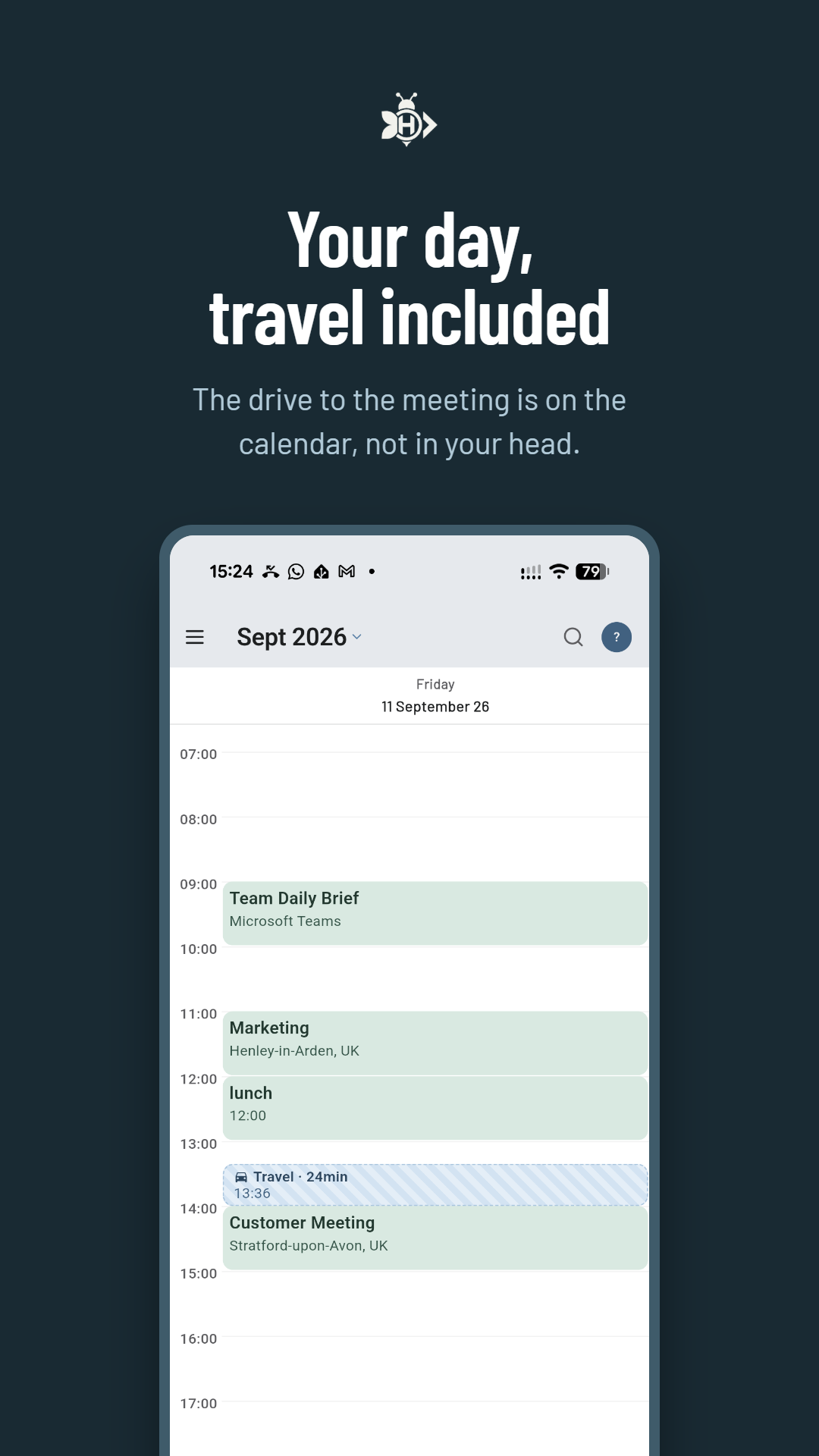 Momentum — a day view with an automatic travel block before the customer meeting