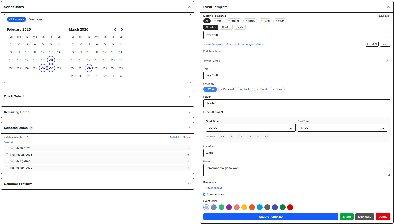 ShiftDrop app showing calendar interface for bulk-adding shifts
