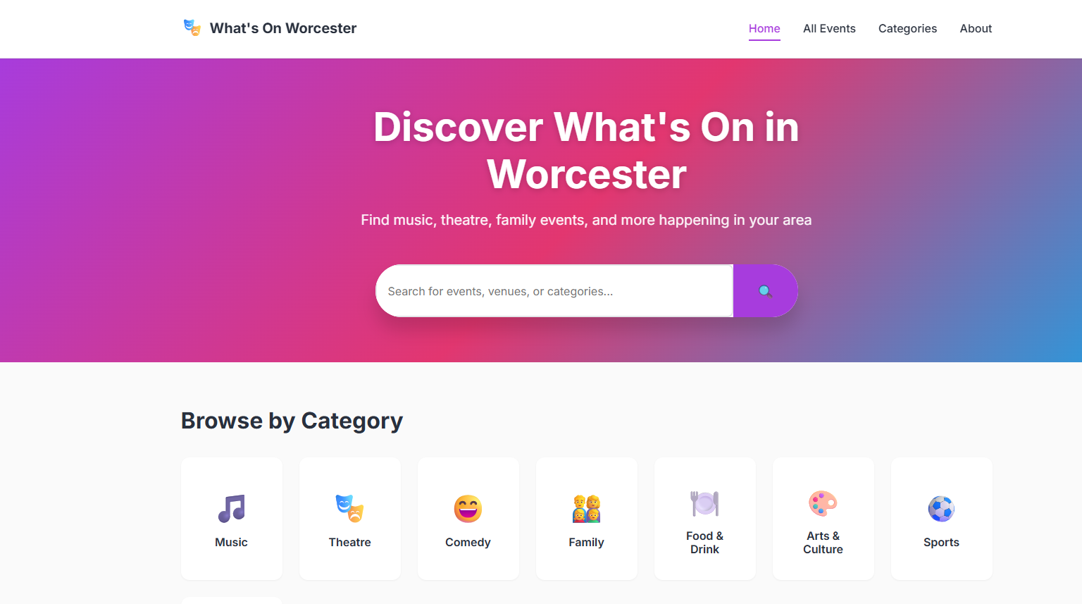 What's On Worcester showing local news and events aggregator